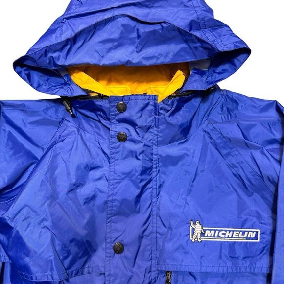 Vtg MICHELIN Sz M Weatherproof Work Mechanic Jacket Racing Blue Yellow Vented